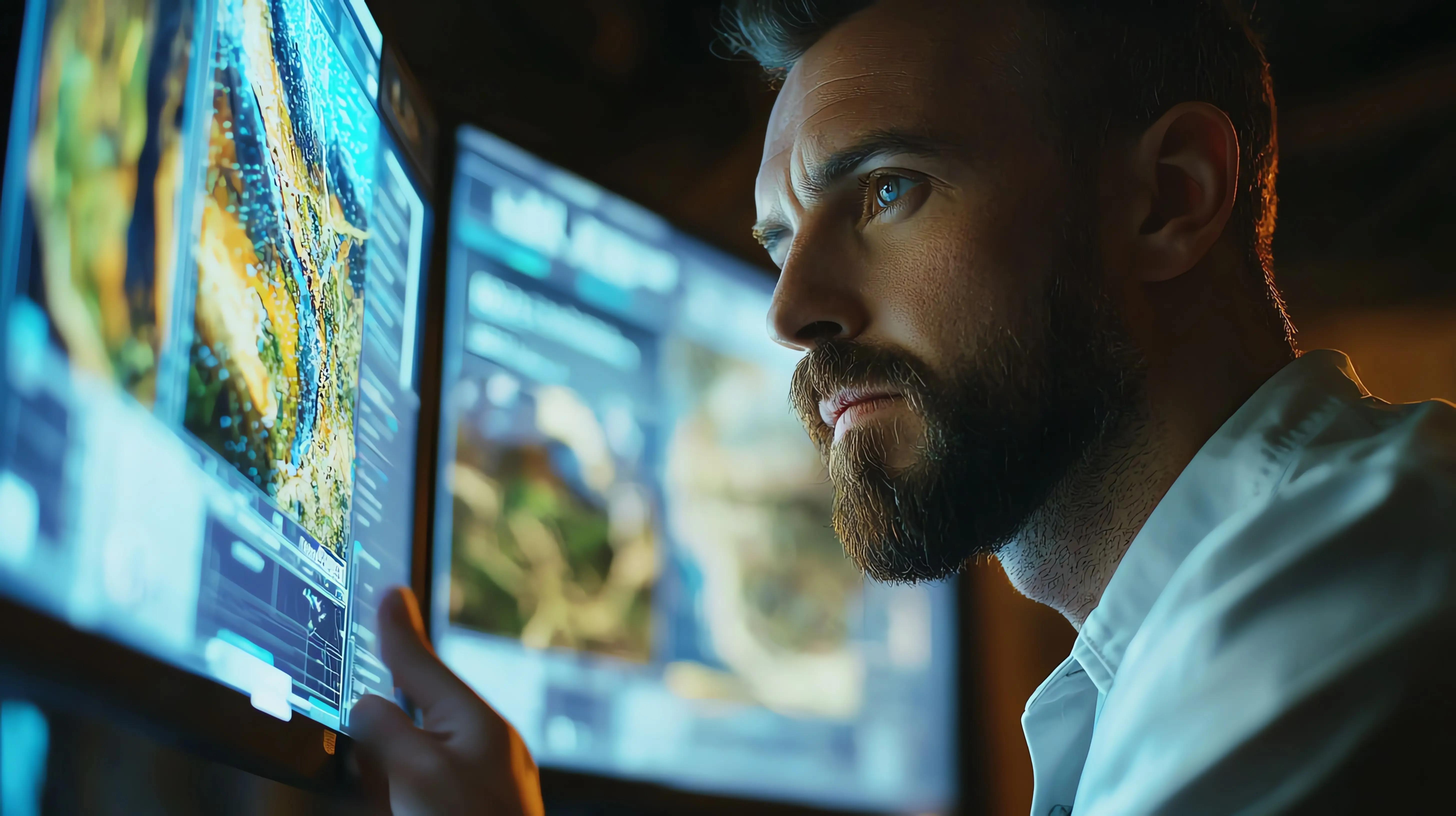 Ein konzentrierter Mann analysiert Daten auf mehreren Bildschirmen und zeigt dabei moderne Technologie sowie tiefe Konzentration in einer Arbeitsumgebung.