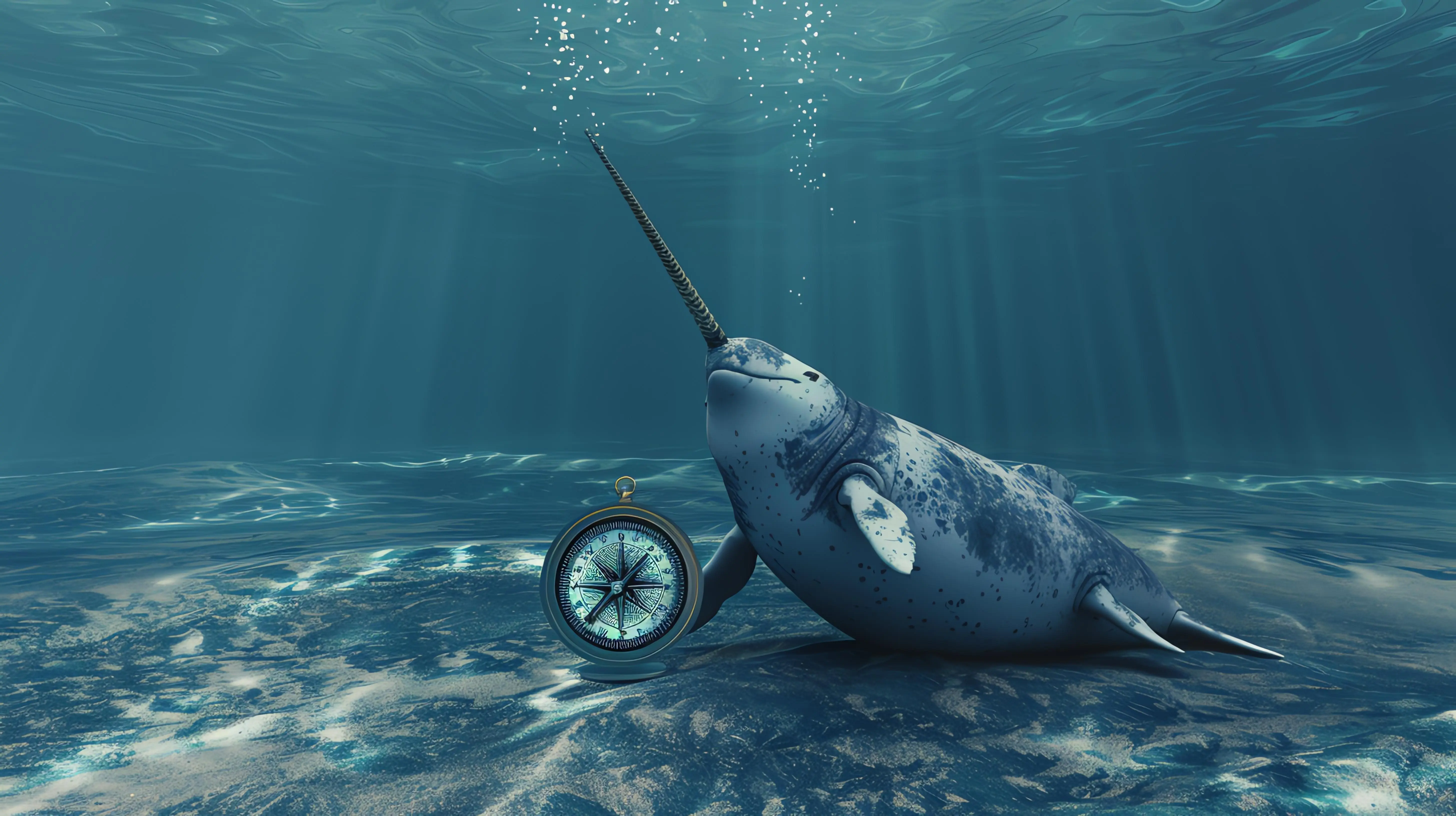 Ein majestätischer Narwal ruht auf dem Meeresboden, sein langes, spiralförmiges Horn zeigt nach oben.