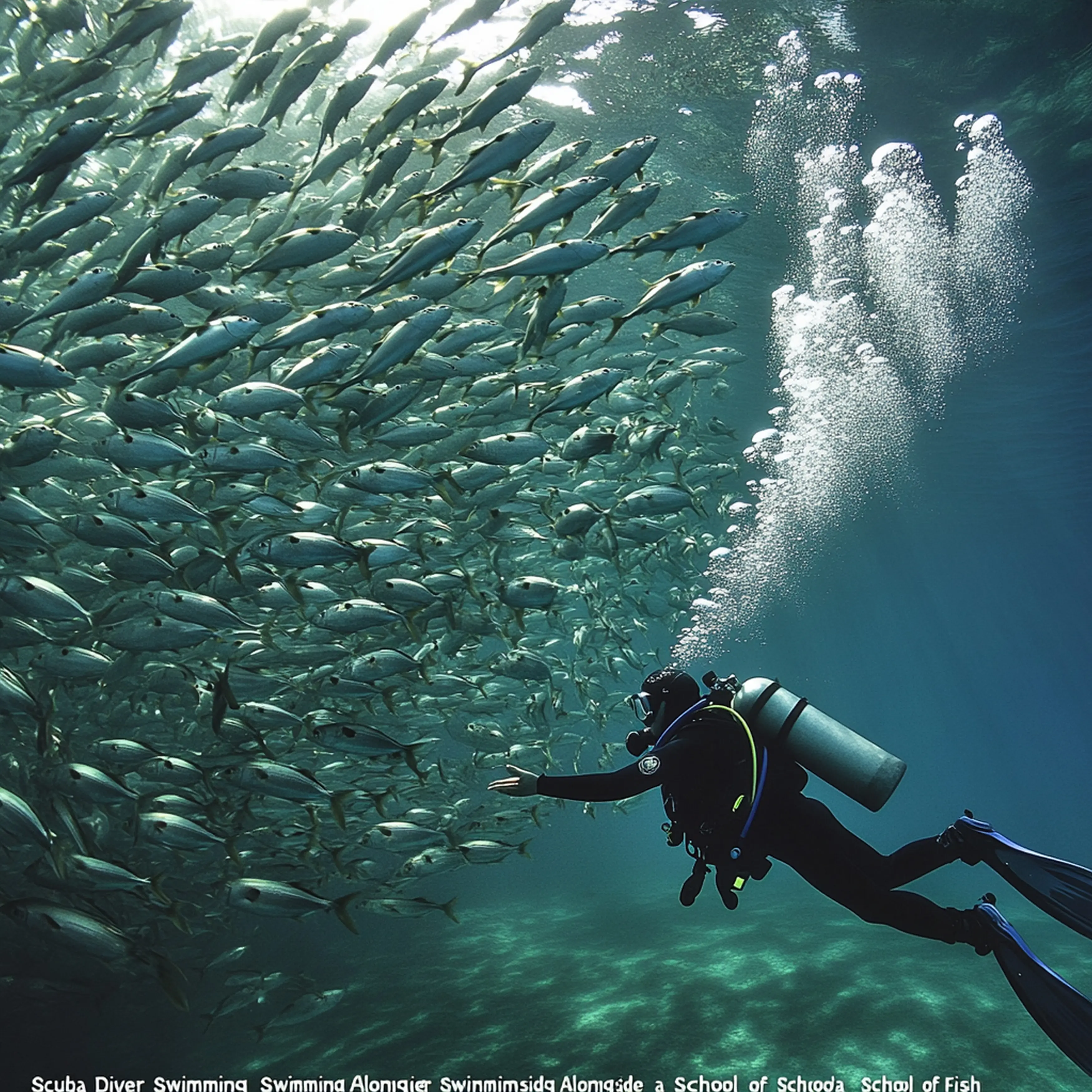 Unter einem Korallenriff schwimmt ein Taucher mit vielen Fischen.