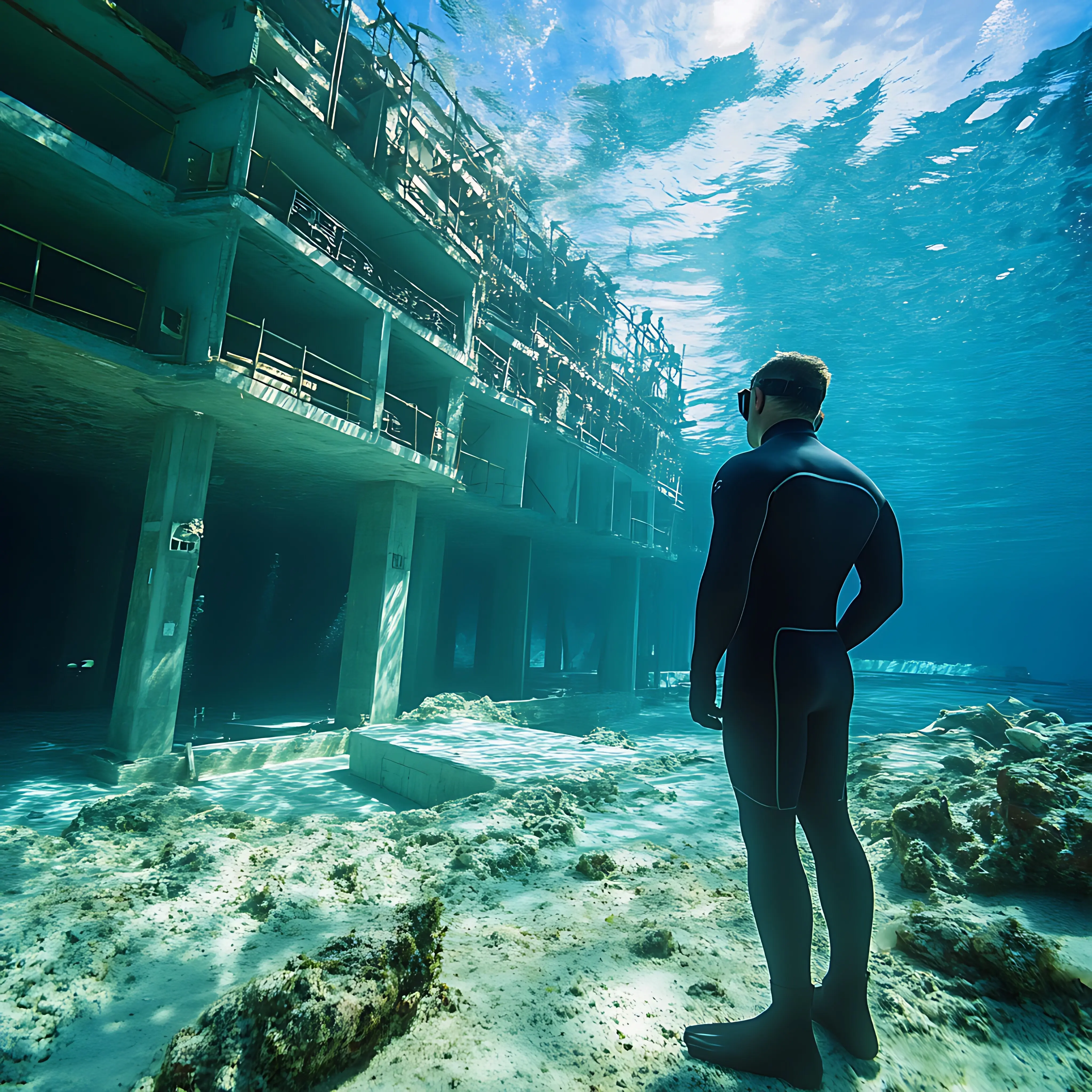 Unterwasser-Erkundungstaucher steht vor einem versunkenen Gebäude