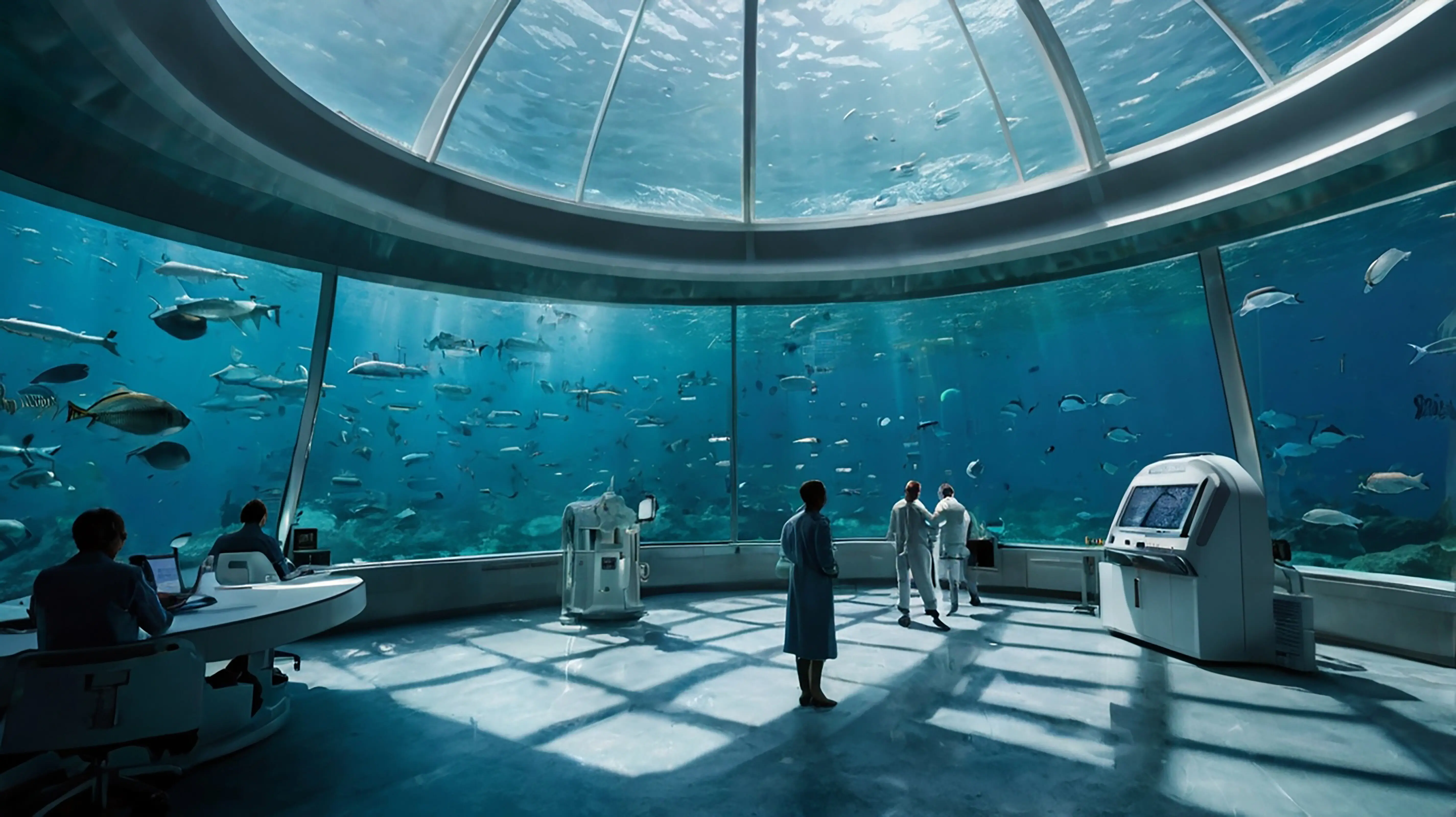 Ein großes Aquarium mit einer Person, die die Fische betrachtet.